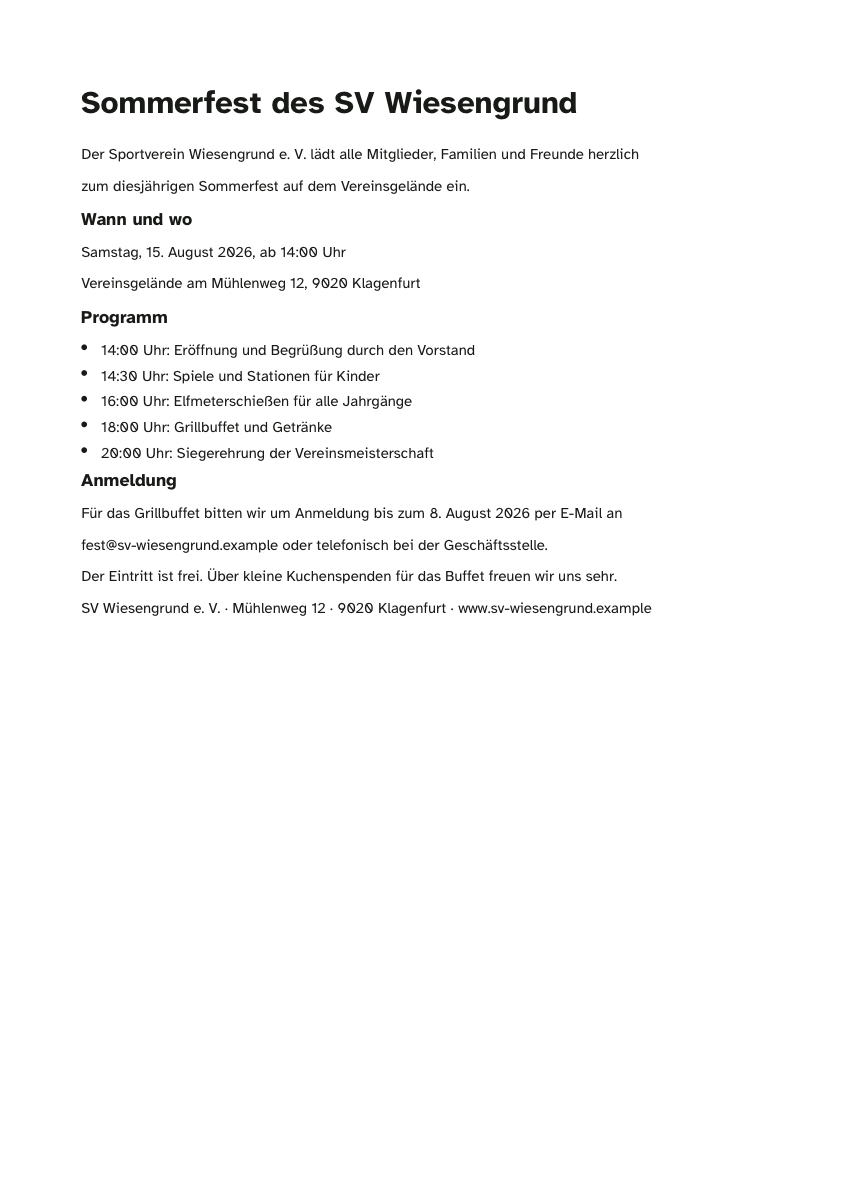 Erste Seite der erzeugten Lesefassung: echte Hauptüberschrift, Zwischenüberschriften und eine korrekt getaggte Aufzählungsliste mit fünf Programmpunkten.